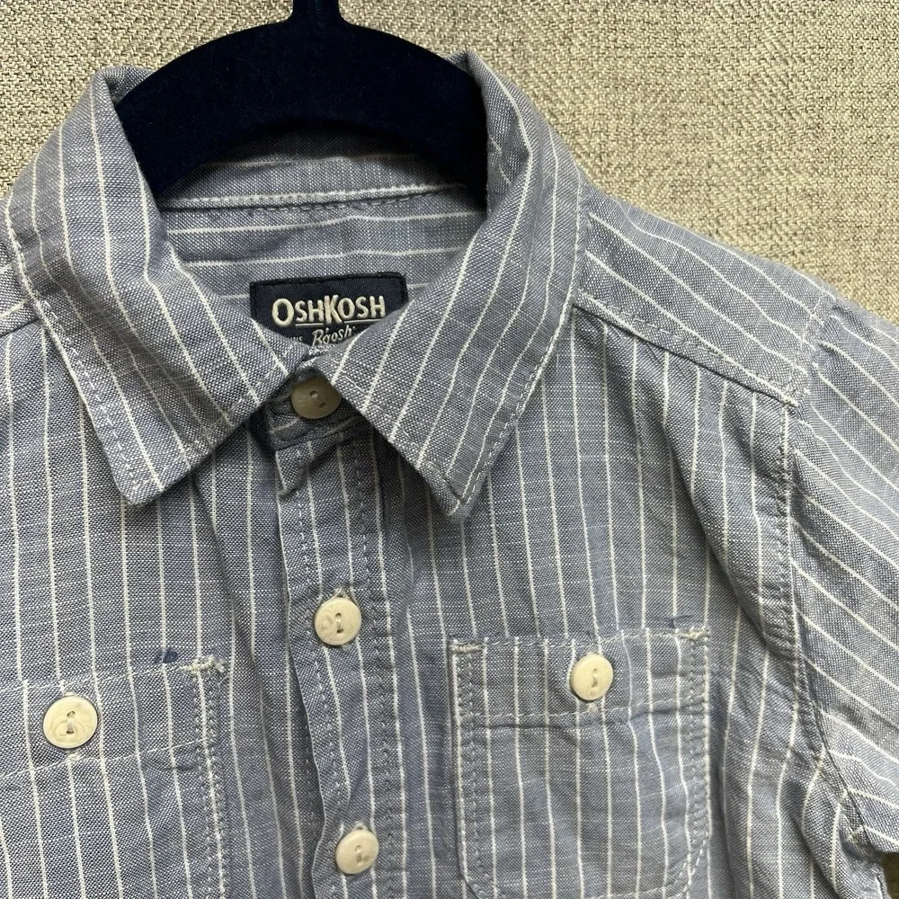 OshKosh‎ B'gosh Button Down Short Sleeve Boys 3T Two Pockets Blue White Stripe